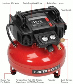 Porter Cable® C2002-WK, Portable Electric Air Compressor, 0.8 HP, 6 Gallon, Pancake, 2.6 CFM -Air Compressors & Accessories shop 602297 1wco